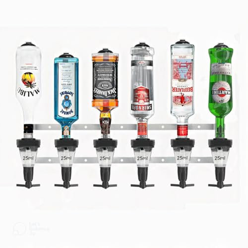 Chabrias Ltd 6 Bottle Alcohol Spirit Measure Drink Dispenser Bar Set Wall Mount Bracket plus 6 x Traditional Optic (Chrome, 25ml)