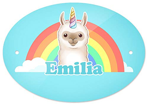 Eurofoto Türschild mit Namen Emilia und Llama-Einhorn-Motiv | Kinderzimmer-Schild
