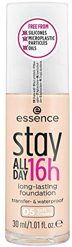 essence stay ALL DAY 16h long-lasting Foundation, Make Up, wischfest, wasserfest, Nr. 05 Soft Cream, nude, langanhaltend, mattierend, weichzeichnend, matt, vegan, ölfrei, wasserfest (30ml)