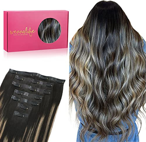 WENNALIFE Extensiones de Clip Seamless de Pelo natural, Balayage Negro Natural a Rubio Claro 45cm 130g 7 Piezas Sin Costuras Extensiones Pelo Natural Clip Extensiones de Cabello Remy Humano Natural