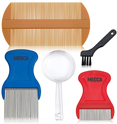MEDca Premium 5-teiliges Läuse-Set – Nissenentfernung, feiner Zahnkamm und Lupe, vollständiges Behandlungsset – Schwarz