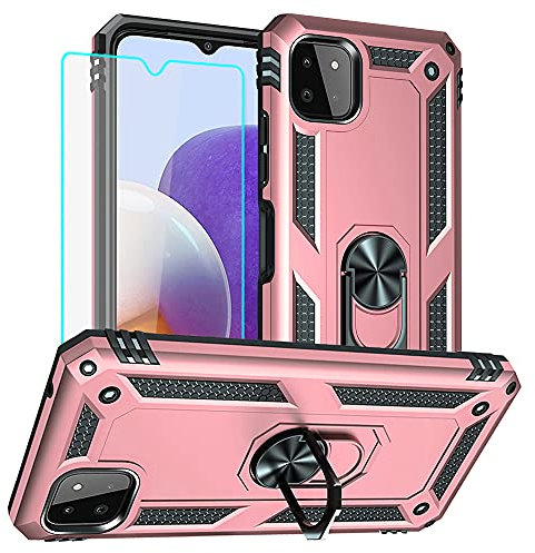 Cuoqing Samsung A22 5G Hülle, A22 5G Metallring Handyhülle & Schutzfolie, Hybrid Case Ständer Stoßstange Handy Hüllen Cover für Samsung Galaxy A22 5G (Rosengold)