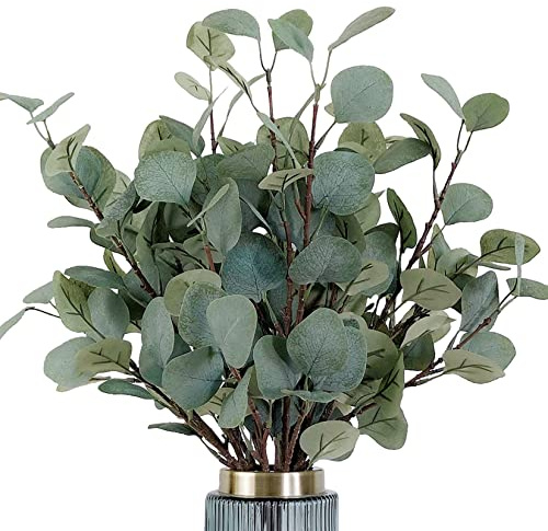 HinyoCo - 6 piezas de hojas de eucalipto artificiales de 35 pulgadas de alto, ramas de hojas de eucalipto de plata sintética en gris verde para decoración del hogar, fiesta, boda