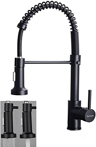 SkyPanda - Robinet de cuisine, noir mat, pivotant à 360°, avec tête de pulvérisation rétractable, matériau en cuivre, mitigeur avec tête de pulvérisation double fonction, H noir mat