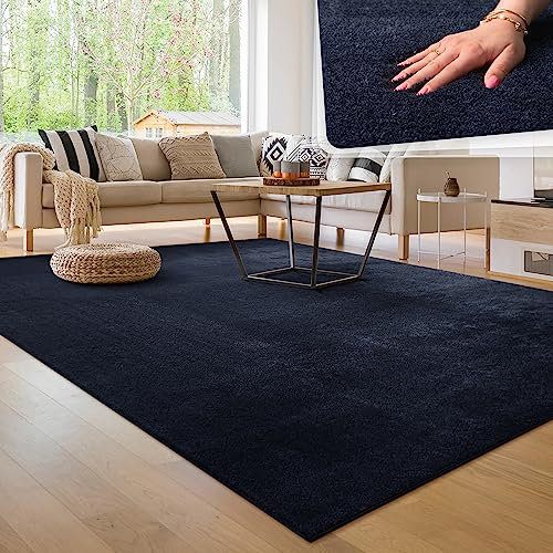 Paco Home Moderner Kuscheliger Wohnzimmer Teppich Kurzflor waschbar flauschig Weich Einfarbig Felloptik zeitlos stilvoll rutschfest pflegeleicht, Grösse:200x280 cm, Farbe:Navy-Blau