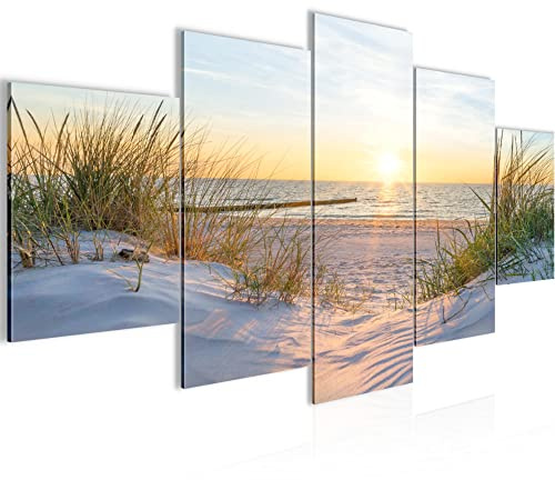 Runa Art Bild Schlafzimmer Wohnzimmer Strand Sonnenuntergang 5 Teilig Meer Natur Blau Beige Wandbilder auf Vlies Leinwand 041753a