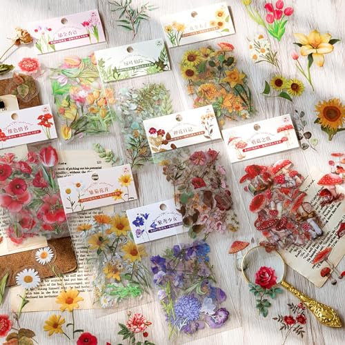 Maxleaf Vintage-Aufkleber für Kunst-Tagebuch, 320 Stück (8 Serie) Blumen, Pilz, Gänseblümchen, Farnblätter, Tulpen, wasserdichte Aufkleber, Packung für Junk, Journaling, Pflanzen, Basteln, Kalender