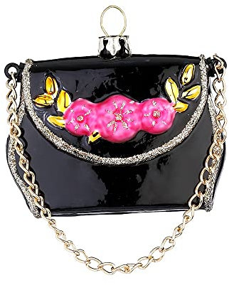 Christbaumschmuck Glas 6cm Handtasche mit Blumen Motiv und Kette Weihnachtskugeln schwarz