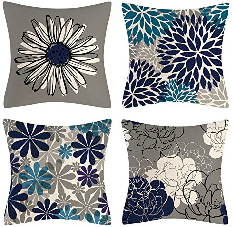 OCEUMACO Leinen Kissenbezug 50x50 Gänseblümchen Kissenhülle 4er Set Quadratisch Sofakissen Dekokissen Bezug für Couch Boho Kissen Kissenbezüge Outdoor Deko Couchkissen Zierkissen - Blau Grau