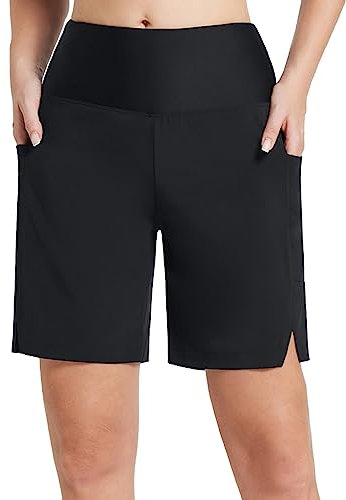 baleaf Badeshorts Damen Lang Knielang Schnelltrocknend Badehose UV Schutz UPF 50+ Schwimmhose Hohe Taille Boardshorts mit Innenslip und Taschen Schwarz S