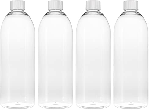 TEC 750ml Pet Plastic Bottles with 28/410 White Lids (4) | UK Made Boston Caps Clear Empty Containers Tall Round 30% Recycled RPET and Fully Recyclable