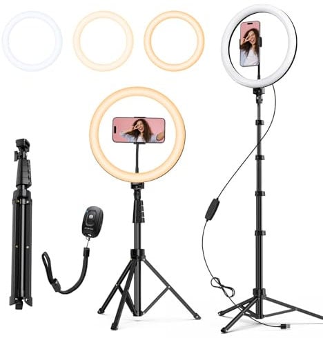 ATUMTEK 12 Ring Light con Trípode, Anillo Luminoso Ajustable con 3 Modos de Iluminación y 10 Niveles, Luz Fotográfica con Mando a Distancia para TikTok/Youtube/Live Stream (Trípode: 160 cm/63)