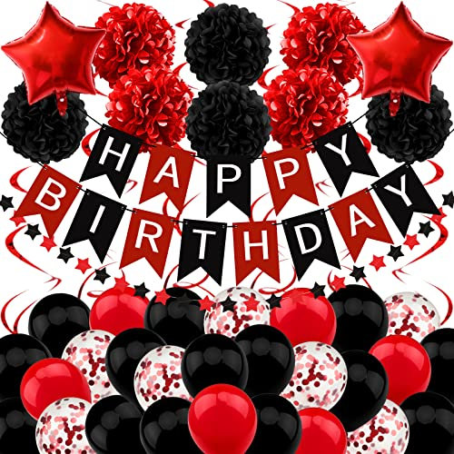 Recosis Schwarz Rot Geburtstagsdeko, Happy Birthday Banner mit Pompoms Papier Girlande Wimpel Spiral und Luftballon Kindergeburtstag für Mädchen Junge Mann Frauen Geburtstags Dekorationen