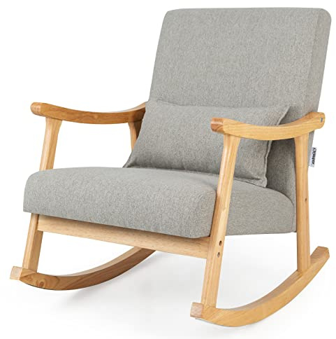 RELAX4LIFE Rocking Chair, Upholstered Relaxing Recliner Armchair with Soft Cushion & Lumbar Pillow, Leisure Rocker Lounge Chair for Living Room Bedroom (Natural+Grey,78x66x83cm)