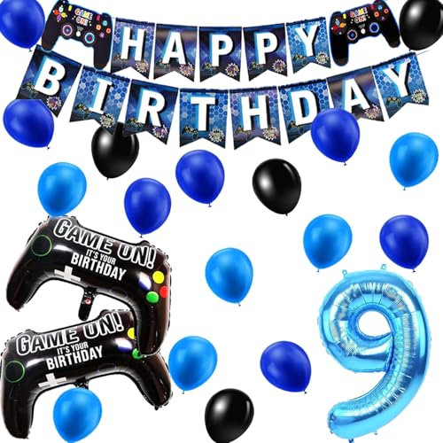 Videospiel 9. Geburtstag Dekoration für Jungen,Gamer Deko Geburtstag,Gaming Dekoration Luftballons,Controller-Ballons und blau-schwarze Ballons,Videospiel Luftballon 9. Geburtstag,für Kinder