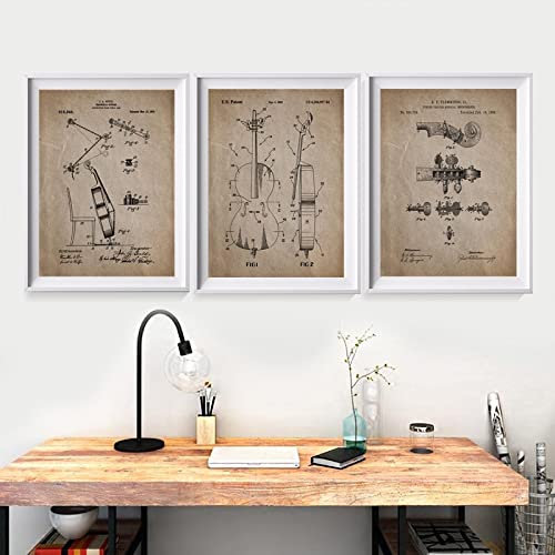Cello Patent Vintage Poster Und Drucke Musikinstrument Wandkunst 3 Stück Leinwand Malerei Bilder Musiker Geschenk Schlafzimmer Wanddekoration 30Cmx40Cmx3Pcs Kein Rahmen