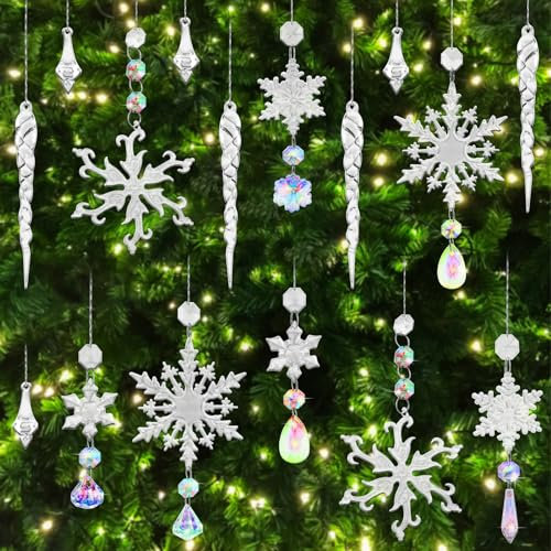 Lets Joy 16PCS Acryl Eiszapfen Schneeflocke Eistropfen Anhänger, Farbige Weihnachtsbaum Anhänger Kristall, Schneeflocken Weihnachten Deko, Weihnachten Eiszapfen, Weihnachtsbaumschmuck Kristall