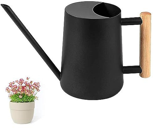 Arrosoir Noir 1 Litre, 1L Petit Arrosoir de Jardin, Arrosoir en Acier Inoxydable, avec Poignée en Bois, Entrée d'eau de Grand Diamètre pour Arroser Les Petites Plantes en Pot et D'intérieur