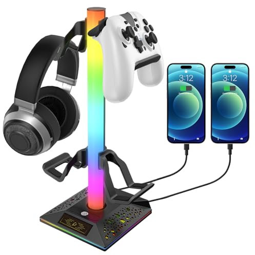 LUVZOOR Support Casque Portable et Durable Accessoire Bureau Gaming, Support Casque Gaming réglable, Accessoire Bureau Gaming Support Illumination RGB et Double Charge USB