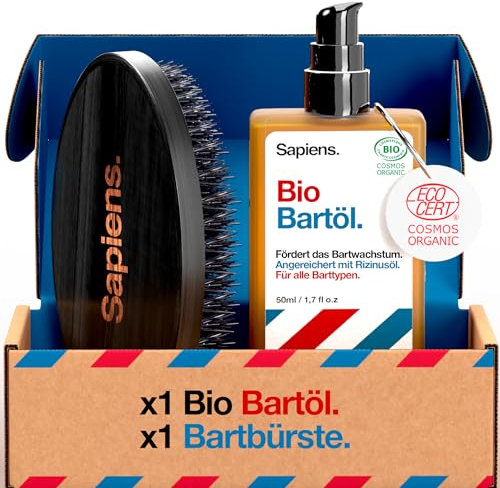 Sapiens Barbershop Brosse Barbe et Huile Barbe Homme BIO - Huile de Ricin Barbe Fabriquée en France Certifiée BIO - Kit Soin Barbe Homme - Hydrate et Favorise la Pousse Barbe
