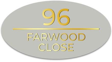 Print Maniacs Personalised House Sign 3D Door Sign Laser Cut Address Plaques Contemporary Modern Oval Door Numbers With Street Name and Number in Matt Ash Grey & Gold Mirror D12