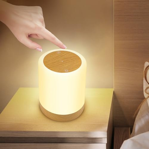 Amouhom Nachttischlampe Touch Dimmbar, LED Nachtlicht mit 256RGB Farben&4 Modi, 5 Helligkeiten, USB Aufladbar, Holzmaserung Stilllicht&Tischlampe für Schlafzimmer Wohnzimmer Geschenke für Kinder