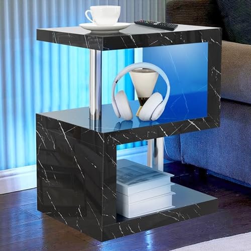 Blisswood High Gloss Bedside Table, Small End Table with Storage Shelf Basket, Led Side Table Small Spaces, Slim Coffee Tables, Nightstand, Sofa Tables for Living Room, Bedroom (Black Marble)