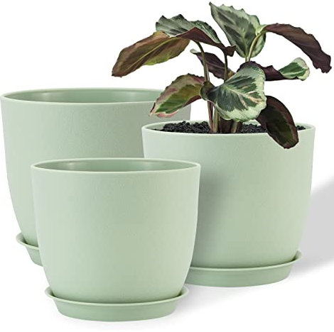FORAGIFT 25/23/20cm Plant Pots Indoor, 3 Pack Modern Decorative Plastic Planters with Drainage Holes and Tray for House Plants, Green