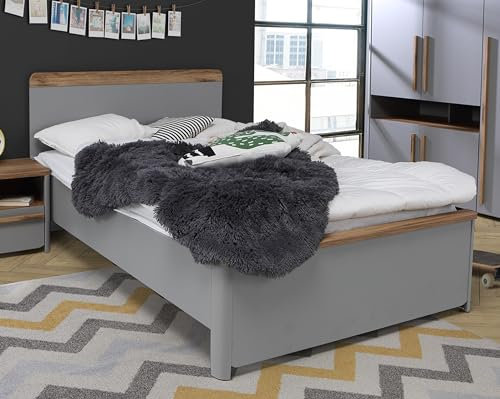 Forte SURFINIO Bett 120 130, modernes Bettgestell, Schlafzimmer, Holzwerkstoff, Grau/Catania Eiche Holzdekor, 125,3 cm breit x 92,2 cm hoch x 209,9 cm tief