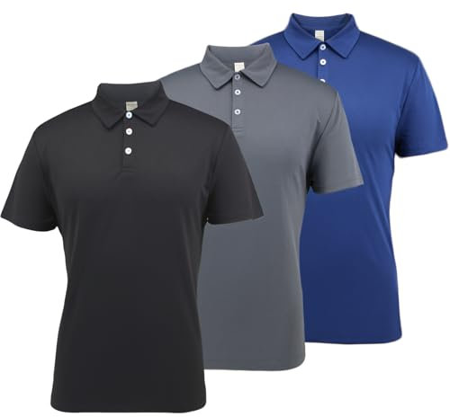 LANBAOSI Pack of 3 Men's Short Sleeve Quick-Drying Breathable Tennis Polo Shirt Men's Summer Sports Golf T-Shirt, Black/Grey/Blue, XL