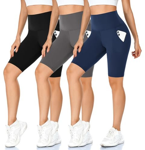 MOREFEEL 3er Pack Damen Radlerhose mit Taschen High Waist Sport Shorts Blickdicht Kurze Sporthose Sommer für Yoga Sport Fitness(Schwarz+Dunkelgrau+Marineblau,Large-X-Large)