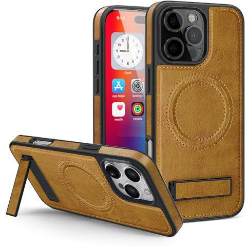 Remterad für iPhone 16 Promax Hülle, Ledertasche, unterstützt kabelloses mag-Safe Laden, Phone Case mit unsichtbarem Ständer, weiche Silikon-Seiten-etui, fallfeste Tasche, Braun.