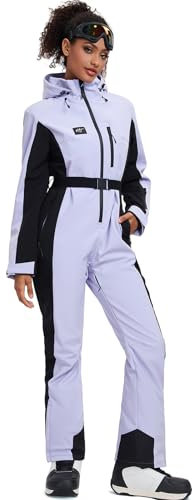HOTIAN Damen Skianzug Damen Einteiler Skioverall Winter Warme Schnee Skifahren Winddicht Wasserdicht Outdoor Schneeoverall Jumpsuit Mit Kapuze Verdicken Schneeanzug Ski Suit Purple L