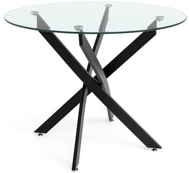 GOLDFAN Table en Verre Ronde Salle a Manger Table de Salle a Manger Ronde Table Transparente Verre Trempé avec Base en X Bureau Diamètre 80cm (Noir, Ronde)