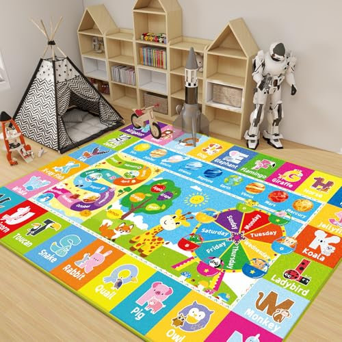 Kinderteppich fürs Spielzimmer, Kinder-Baby-Spielmatte mit Alphabet, Monat, Wetter, Woche und Formen ABC Lernteppich, Kinder-Spielteppich für Schlafzimmer Klassenzimmer (59 X 39.4 INCH, Riesenrad)