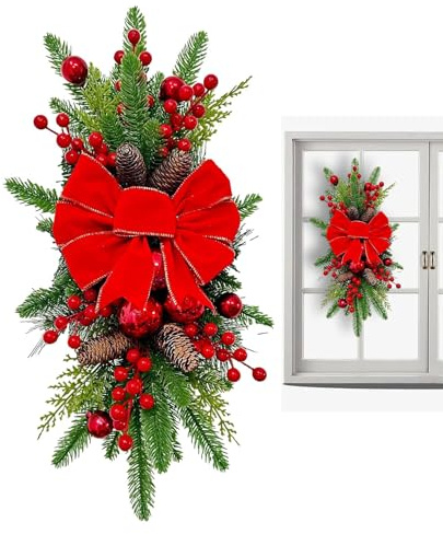Decoración navideña, Coronas navideñas para Puerta de Entrada - Botín Floral Iluminado,Adorno de Guirnalda de Navidad para Exteriores, Accesorios Decorativos con Lazo para Puerta Interior y Exterior