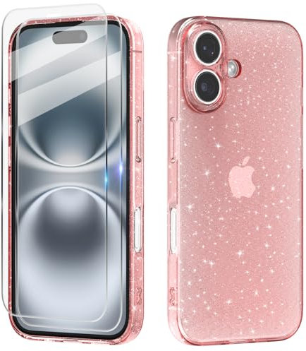 Coque Compatible avec iPhone 16, 2 Pièces Verre Trempé Protection Écran, Clair Housse à Glitter en Mince Silicone Souple Étui Antichoc Case Transparente Cover - Rose