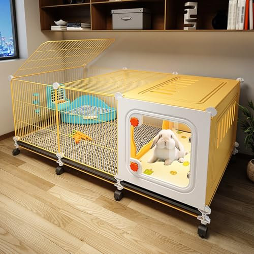 Kaninchenstall Indoor mit Rädern, Modulares Gehäuse, Halbgeschlossener Sitzbereich, Kleintierstall(105 * 45 * 45cm)