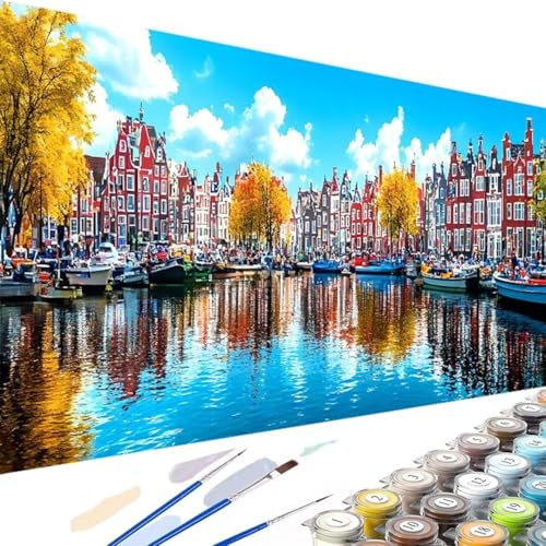 Wanziho Peinture par Numéros pour Adulte Petite Ville, Peinture par Numero pour Enfant et Adulte, Lac (Sans Cadre)-DIY Peinture Acrylique Débutants Facile sur Toile Peintures et Pinceaux-90x180cm 6-D