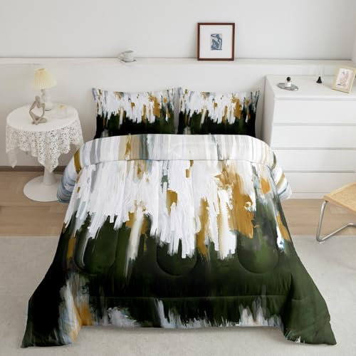 Juego de edredón de acuarela degradado, juego de ropa de cama doble verde oliva, juego de ropa de cama de rayas con pinceladas, juego de edredón estético contemporáneo, juego de edredón moderno de