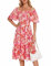 Bbonlinedress Robe Femme Chic et Elégant d'été Imprimée Fleurie à Epaules Dénudées Mi Longue Fluide A-Line pour Plage Casual Cocktail Soirée Bal Top Elastique Manches Courtes Red Pink Flower-1 M