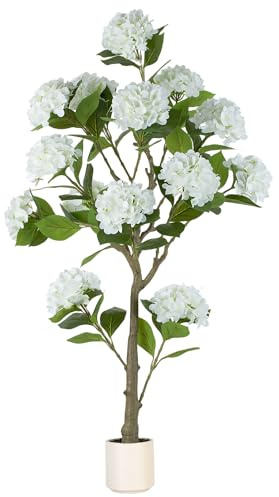 BLOSMON White Hydrangea Artificial Trees: 5ft Real Touch Faux Hydrangeas Flower Tree with Pot for Front Porch Planters Decoration Outdoor - Fake Silk Floral Plant for Home Patio Entrance Decor Indoor
