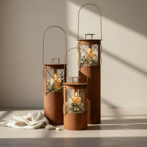 Edelrost Laterne Bella mit Glaseinsatz – Gartenlaterne Metall Rostoptik – Windlicht für Garten, Terrasse und Balkon – Rustikale Gartendeko für Kerzen - Höhe 57 cm inklusive Bügel