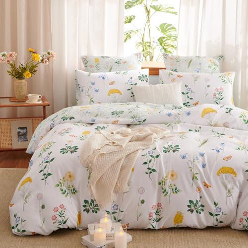 Lanqinglv Bettwäsche 135x200 Grün Weiß Blumen Muster Pflanzen Wende Bettwäsche Set Bunt Blätter, Aesthetic Bettwäsche mit Reißverschluss und 1 Kissenbezug 80x80 cm