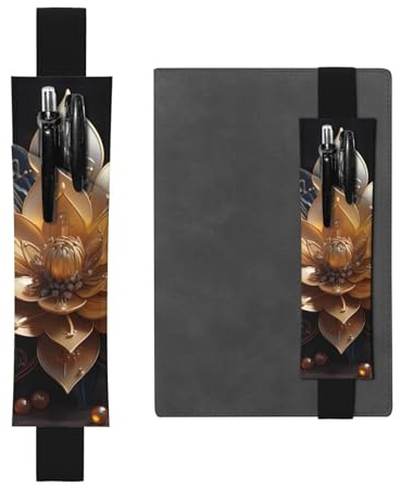 LiuMng Verstellbarer Stifthalter, schwarzes Gummiband Lesezeichen, weißes zartes Lotusblumen-Druck, Leder-Federhülle, für Tagebuch, Notizbuch, Schwarz, One Size, Verstellbarer Stifthalter für