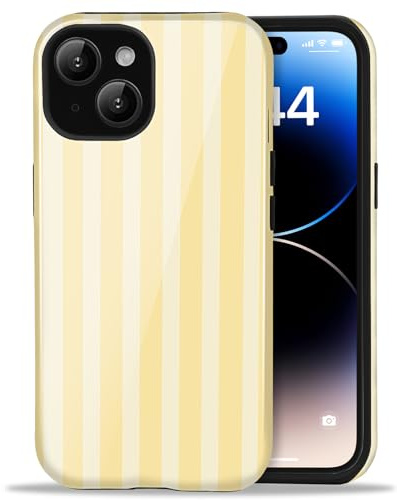 Amzfield Case for iPhone 15, Striped Dual Layer Shockproof, Butter Yellow | Striped Lined Dual Layer Shockproof Retro Cute Girly for Girl Women Drop Protection Precise Cutouts Impact Resistant Artistic