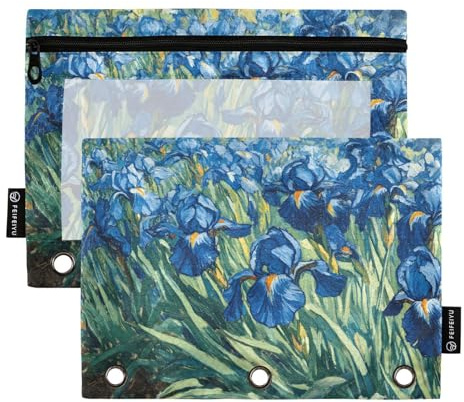 Quteprint Federmäppchen für 3-Ring-Ordner, Irises Vincent Van Gogh, 2 Stück, mit Reißverschluss, mit transparentem Fenster und verstärkten Ösen für Ordner, Federmäppchen, Taschen, Organizer für Büro