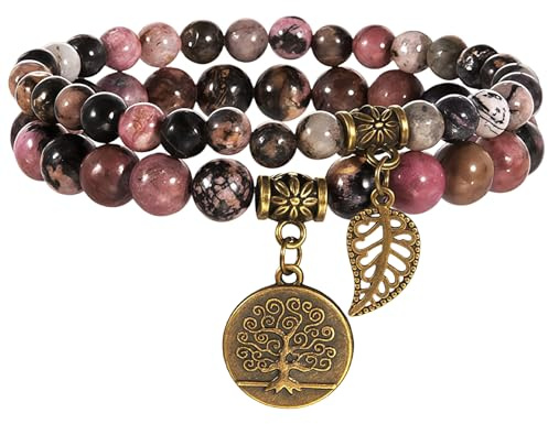 Collenatsy Bracelet 7 pierres chakras avec arbre de vie, pierres précieuses de guérison, cadeau pour femme, pour yoga, méditation (rhodolite)