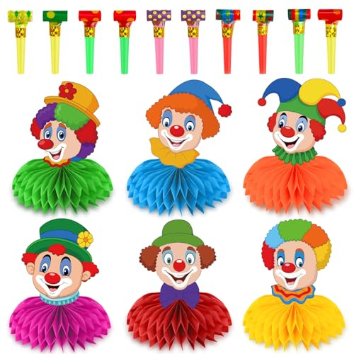 Clown Tischdeko Karneval: 12 Stück Bienenwaben Tischdeko - 10 Partytröten | Papier - 3D-Waben - stabil - Wiederverwendbar - für Karneval & Fasching Zirkus Deko
