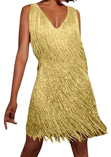 Glitter Dress Women's Tina Turner Fringe Dress Ochre/Gold Disco Outfit 70s Fringe Dress 20s Charleston Mini Dress Sequin Dresses for Women Spaghetti Straps Sexy Short Latin Dance Dress